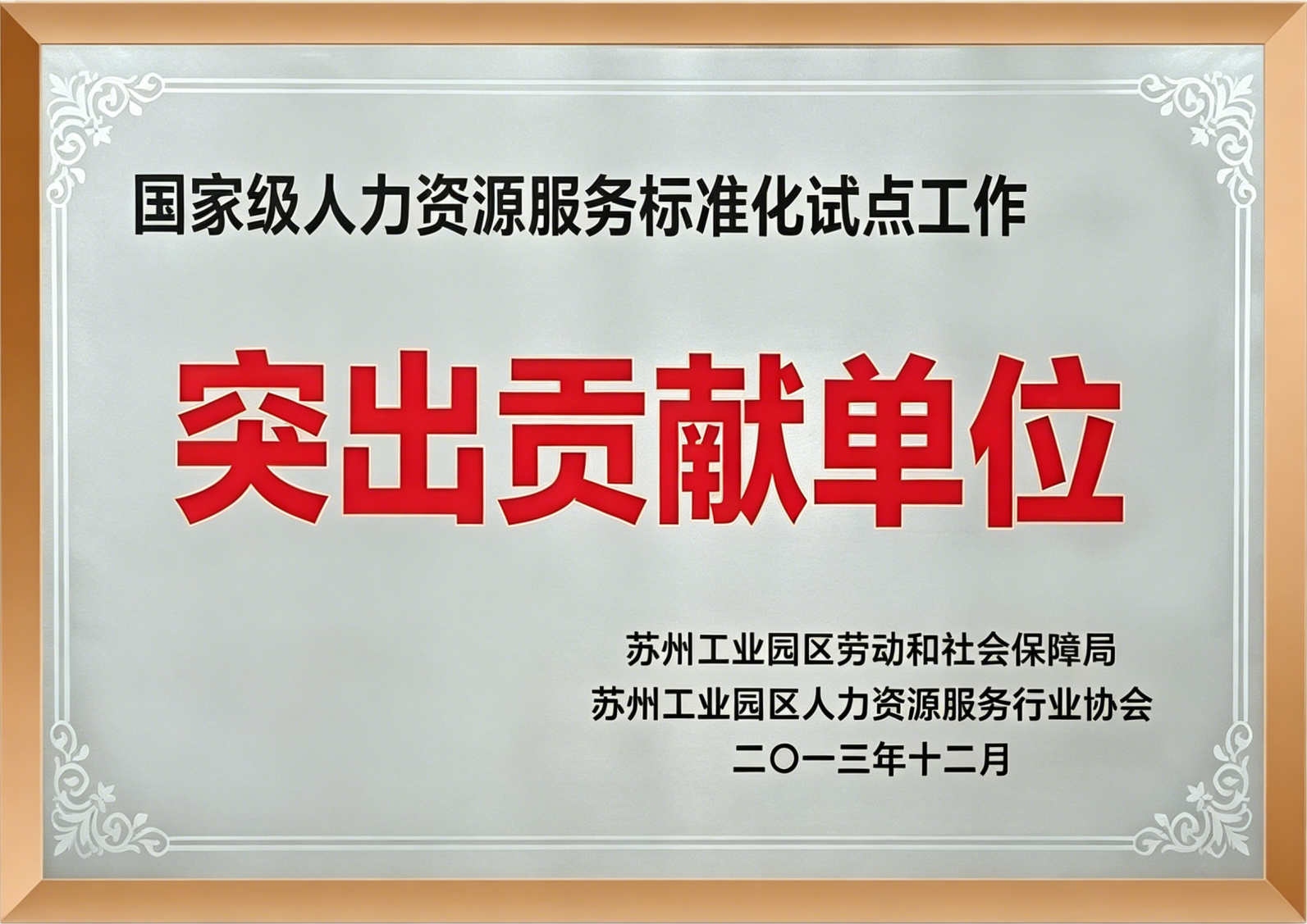 国家级人力资源服务标准化试点工作突出贡献单位证书